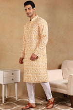 Ethnic Bay Yellow Viscose Rayon Geometric Embroidered Straight Kurta For Men MKU1015YLW