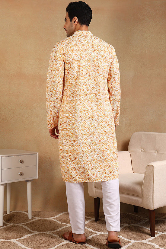 Ethnic Bay Yellow Viscose Rayon Geometric Embroidered Straight Kurta For Men MKU1015YLW