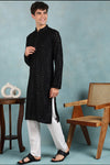 Ethnic Bay Black Viscose Rayon Solid Embroidered Straight Kurta For Men MKU1022BLK