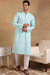 Ethnic Bay Turquoise Blue Viscose Rayon Geometric Embroidered Straight Kurta For Men MKU1022BLU