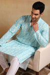 Ethnic Bay Turquoise Blue Viscose Rayon Geometric Embroidered Straight Kurta For Men MKU1022BLU