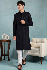 Ethnic Bay Navy Blue Viscose Rayon Solid Embroidered Straight Kurta For Men MKU1022DBLU