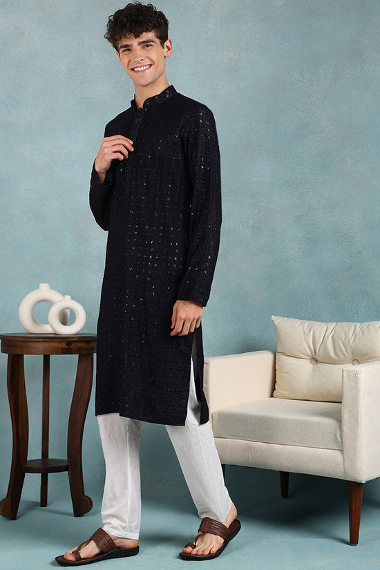 Ethnic Bay Navy Blue Viscose Rayon Solid Embroidered Straight Kurta For Men MKU1022DBLU