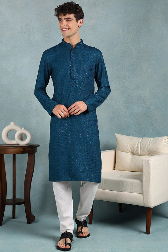 Ethnic Bay Teal Viscose Rayon Solid Embroidered Straight Kurta For Men MKU1022TIL