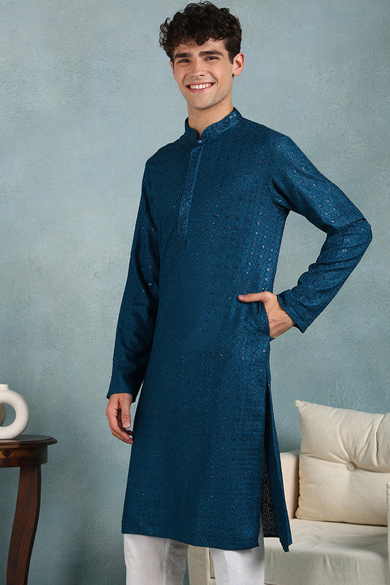 Ethnic Bay Teal Viscose Rayon Solid Embroidered Straight Kurta For Men MKU1022TIL