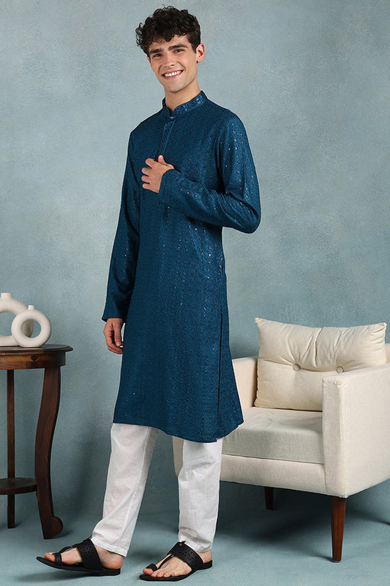 Ethnic Bay Teal Viscose Rayon Solid Embroidered Straight Kurta For Men MKU1022TIL