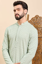 Ethnic Bay Sea Green Viscose Rayon Solid Embroidered Ethnic Straight Chikankari Kurta For Men MKU1029SEA