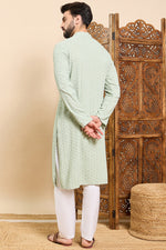 Ethnic Bay Sea Green Viscose Rayon Solid Embroidered Ethnic Straight Chikankari Kurta For Men MKU1029SEA