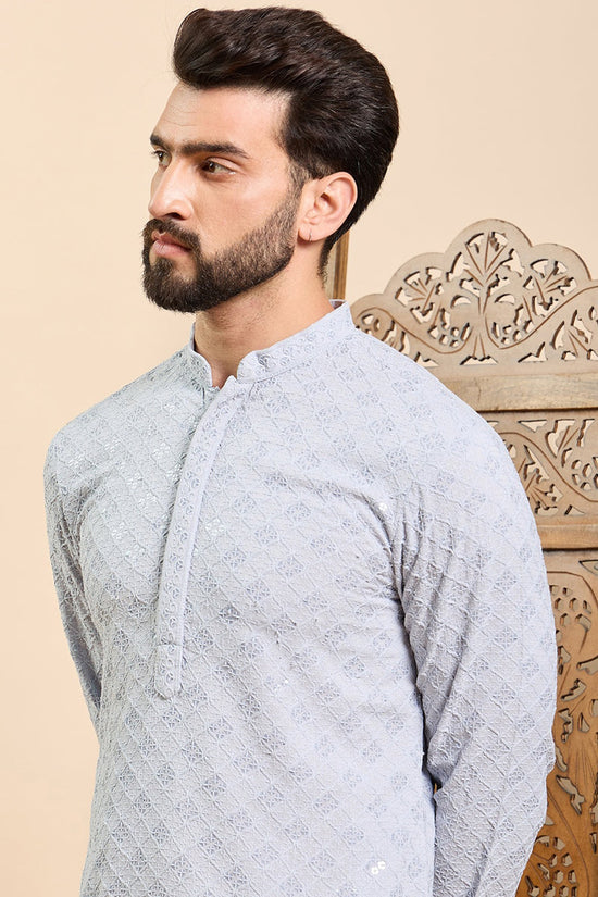 Ethnic Bay Blue Viscose Rayon Solid Embroidered Ethnic Straight Chikankari Kurta For Men MKU1030BLU