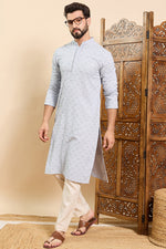 Ethnic Bay Blue Viscose Rayon Solid Embroidered Ethnic Straight Chikankari Kurta For Men MKU1030BLU