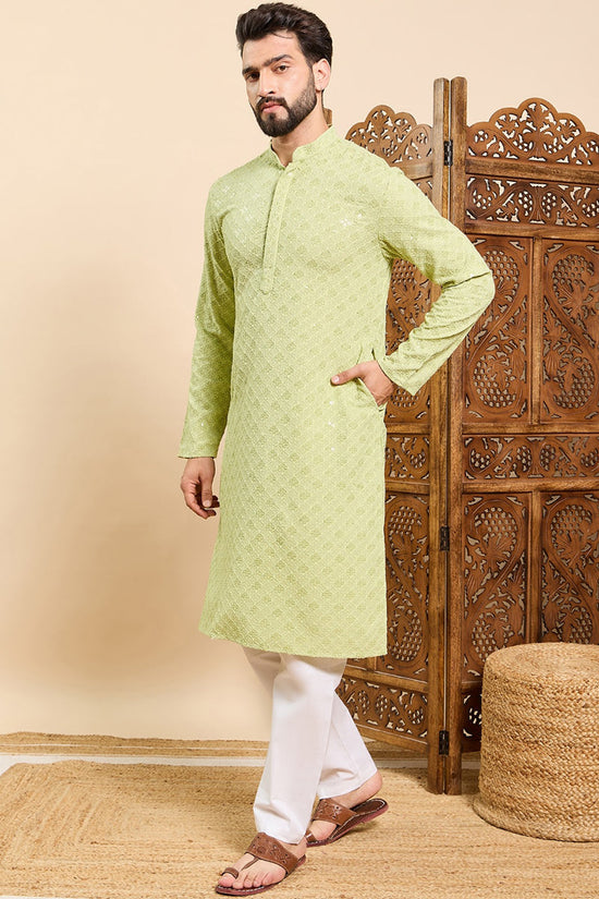 Ethnic Bay Green Viscose Rayon Solid Embroidered Ethnic Straight Chikankari Kurta For Men MKU1030GRN