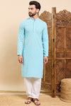 Ethnic Bay Turquoise Blue Viscose Rayon Solid Embroidered Ethnic Straight Chikankari Kurta For Men MKU1030LBLU