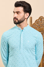 Ethnic Bay Turquoise Blue Viscose Rayon Solid Embroidered Ethnic Straight Chikankari Kurta For Men MKU1030LBLU