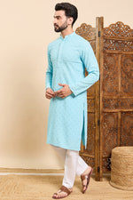 Ethnic Bay Turquoise Blue Viscose Rayon Solid Embroidered Ethnic Straight Chikankari Kurta For Men MKU1030LBLU