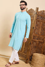 Ethnic Bay Turquoise Blue Viscose Rayon Solid Embroidered Ethnic Straight Chikankari Kurta For Men MKU1030LBLU