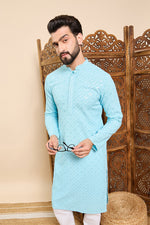 Ethnic Bay Turquoise Blue Viscose Rayon Solid Embroidered Ethnic Straight Chikankari Kurta For Men MKU1030LBLU