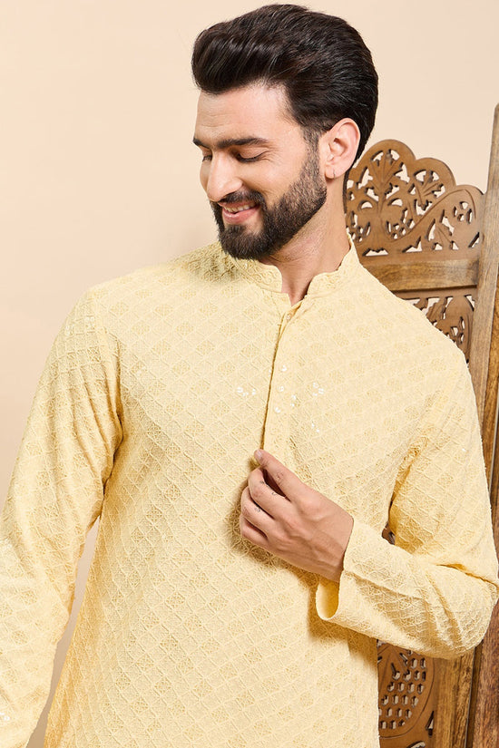 Ethnic Bay Yellow Viscose Rayon Solid Embroidered Ethnic Straight Chikankari Kurta For Men MKU1030YLW