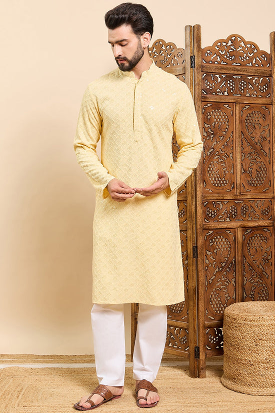 Ethnic Bay Yellow Viscose Rayon Solid Embroidered Ethnic Straight Chikankari Kurta For Men MKU1030YLW