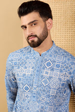 Ethnic Bay Blue Viscose Rayon Geometric Embroidered Straight Chikankari Kurta MKU1036