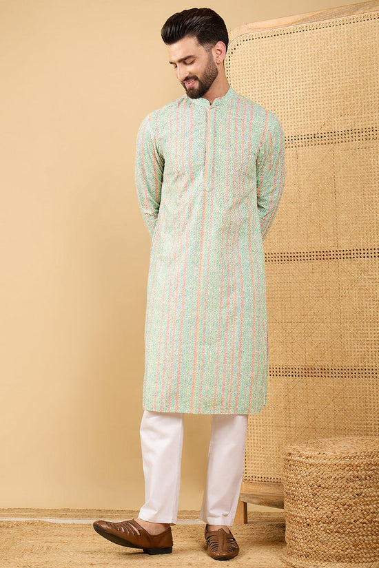 Ethnic Bay Green Viscose Rayon Striped Embroidered Straight Chikankari Kurta MKU1040