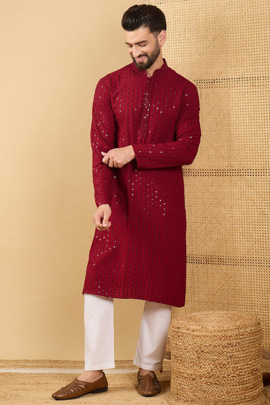 Ethnic Bay Maroon Viscose Rayon Solid Embroidered Straight Chikankari Kurta MKU1043