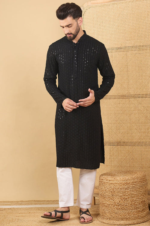 Ethnic Bay Black Viscose Rayon Solid Embroidered Straight Chikankari Kurta MKU1047