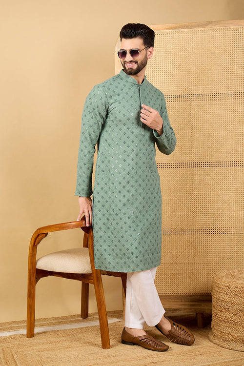 Ethnic Bay Green Viscose Rayon Solid Embroidered Straight Chikankari Kurta MKU1050