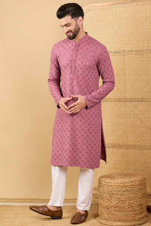 Ethnic Bay Mauve Viscose Rayon Solid Embroidered Straight Chikankari Kurta MKU1051