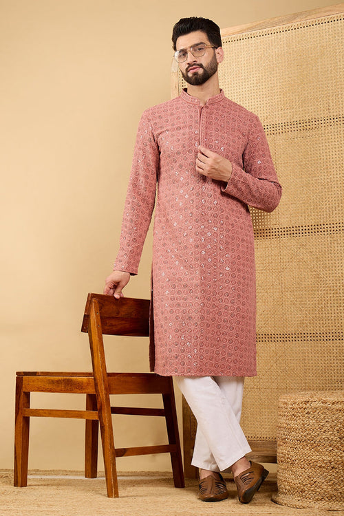 Ethnic Bay Rust Red Viscose Rayon Solid Embroidered Straight Chikankari Kurta MKU1055