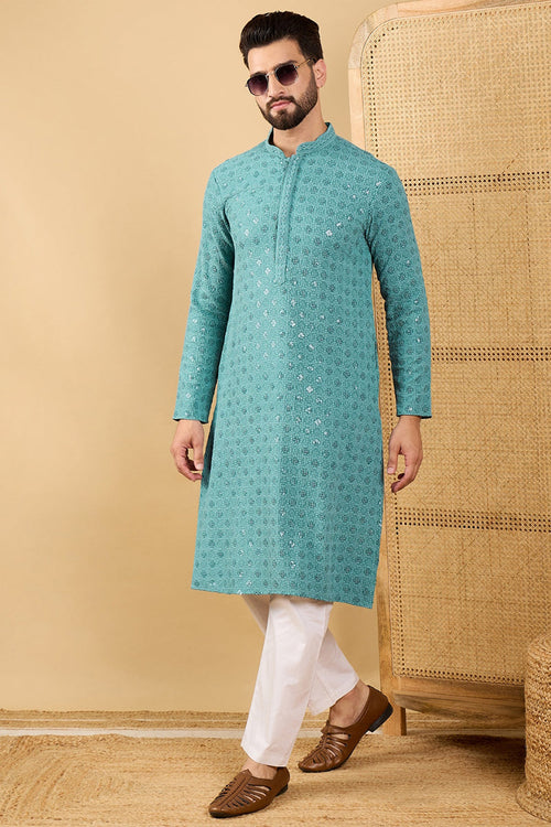 Ethnic Bay Turquoise Blue Viscose Rayon Solid Embroidered Straight Chikankari Kurta MKU1056