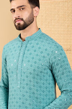 Ethnic Bay Turquoise Blue Viscose Rayon Solid Embroidered Straight Chikankari Kurta MKU1056