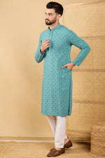 Ethnic Bay Turquoise Blue Viscose Rayon Solid Embroidered Straight Chikankari Kurta MKU1056