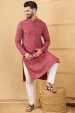 Ethnic Bay Red Viscose Rayon Solid Embroidered Straight Chikankari Kurta MKU1057