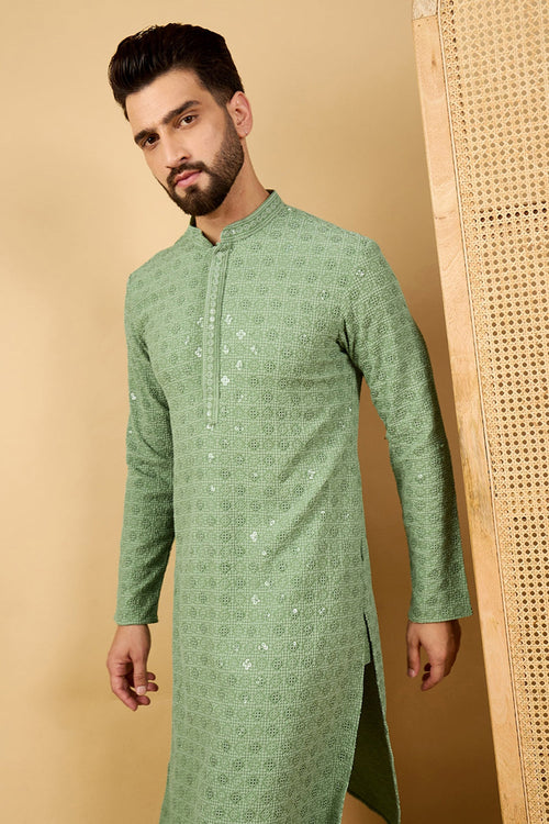 Ethnic Bay Green Viscose Rayon Solid Embroidered Straight Chikankari Kurta MKU1058