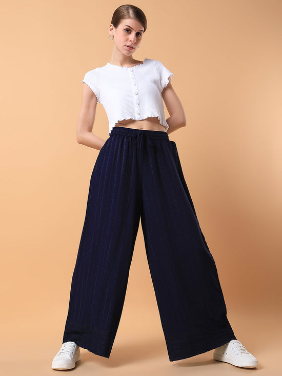 Women Navy Blue Solid Pleated Loose Fit Trouser-MRF-186-Navyblue