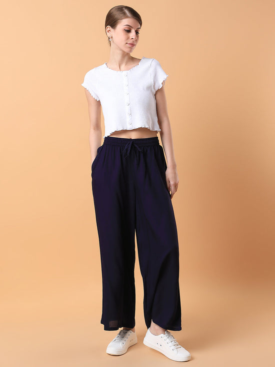 Women Navy Blue Solid Pleated Loose Fit Trouser-MRF-188-Navyblue