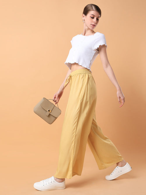 Women Yellow Solid Pleated Loose Fit Trouser-MRF-188-Yellow