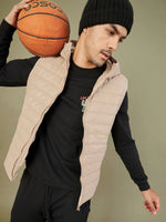 Men Khaki Sleeveless Puffer Hoodie Jacket