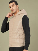 Men Khaki Sleeveless Puffer Hoodie Jacket