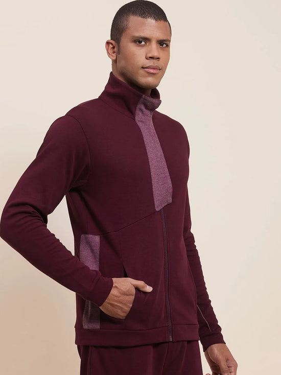 Men's Maroon High Neck Contrast Flap Jacket