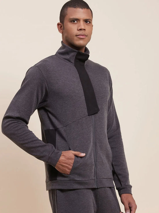 Men's Grey Melange High Neck Contrast Flap Jacket