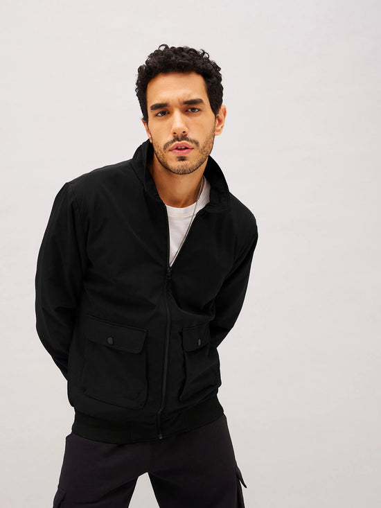 Men Black Full Sleeve Front Pocket Jacket