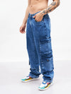 Men Blue Washed Utility Pocket Relax Fit Jeans