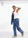 Men Blue Front Zipper Baggy Fit Jeans