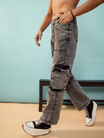 Men Black Washed Cargo Pocket Oversize Jeans