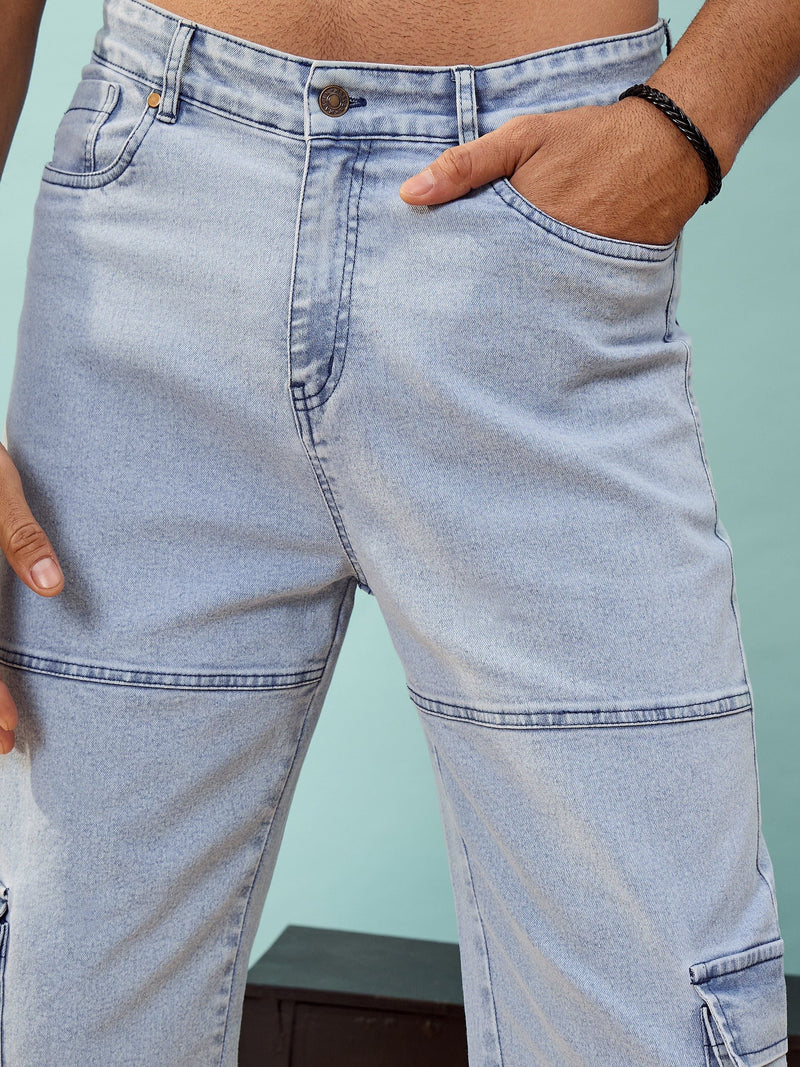 Men Blue Washed Cargo Pocket Oversize Jeans