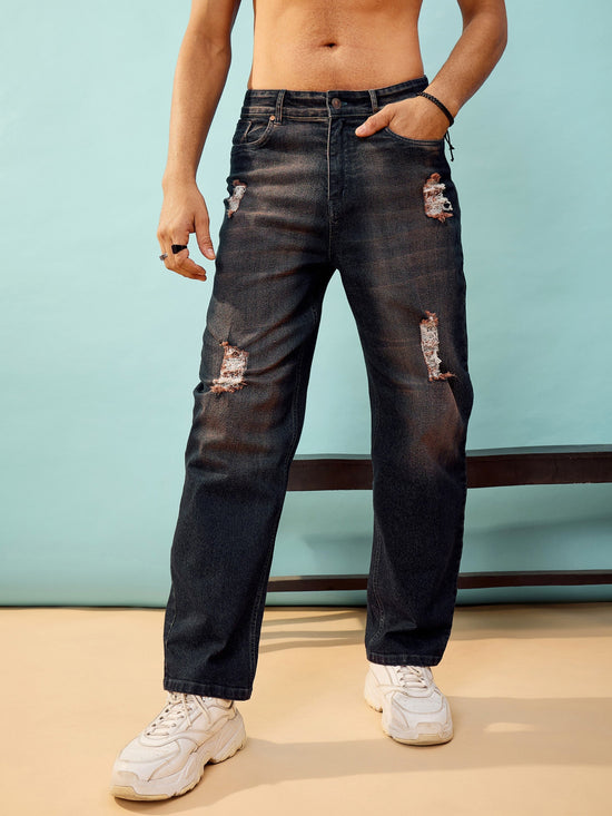 Men Navy Washed Distressed Oversize Jeans