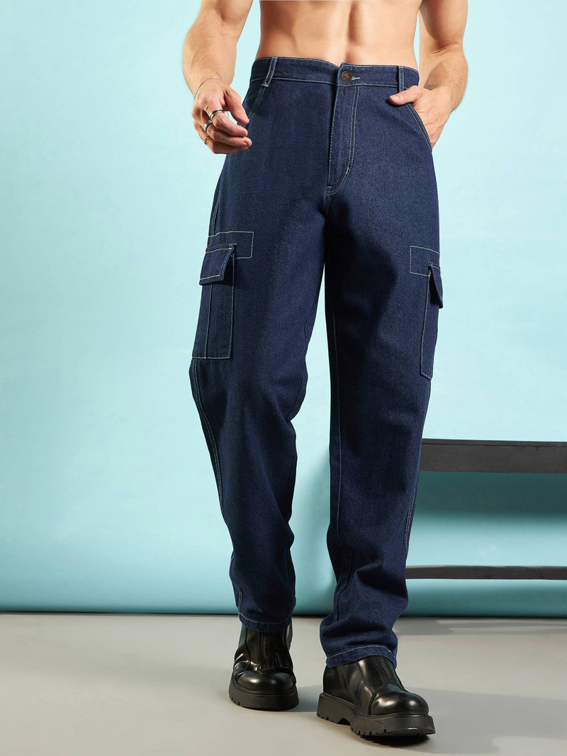 Men Navy Cargo Pocket Loose Fit Jeans