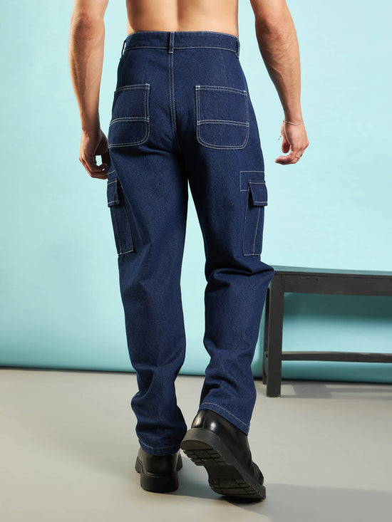 Men Navy Cargo Pocket Loose Fit Jeans