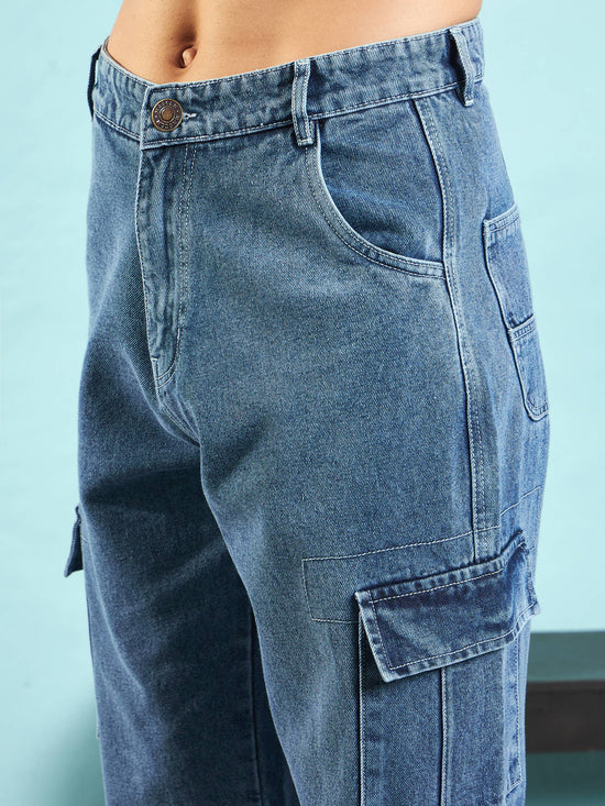 Men Blue Washed Cargo Pocket Loose Fit Jeans